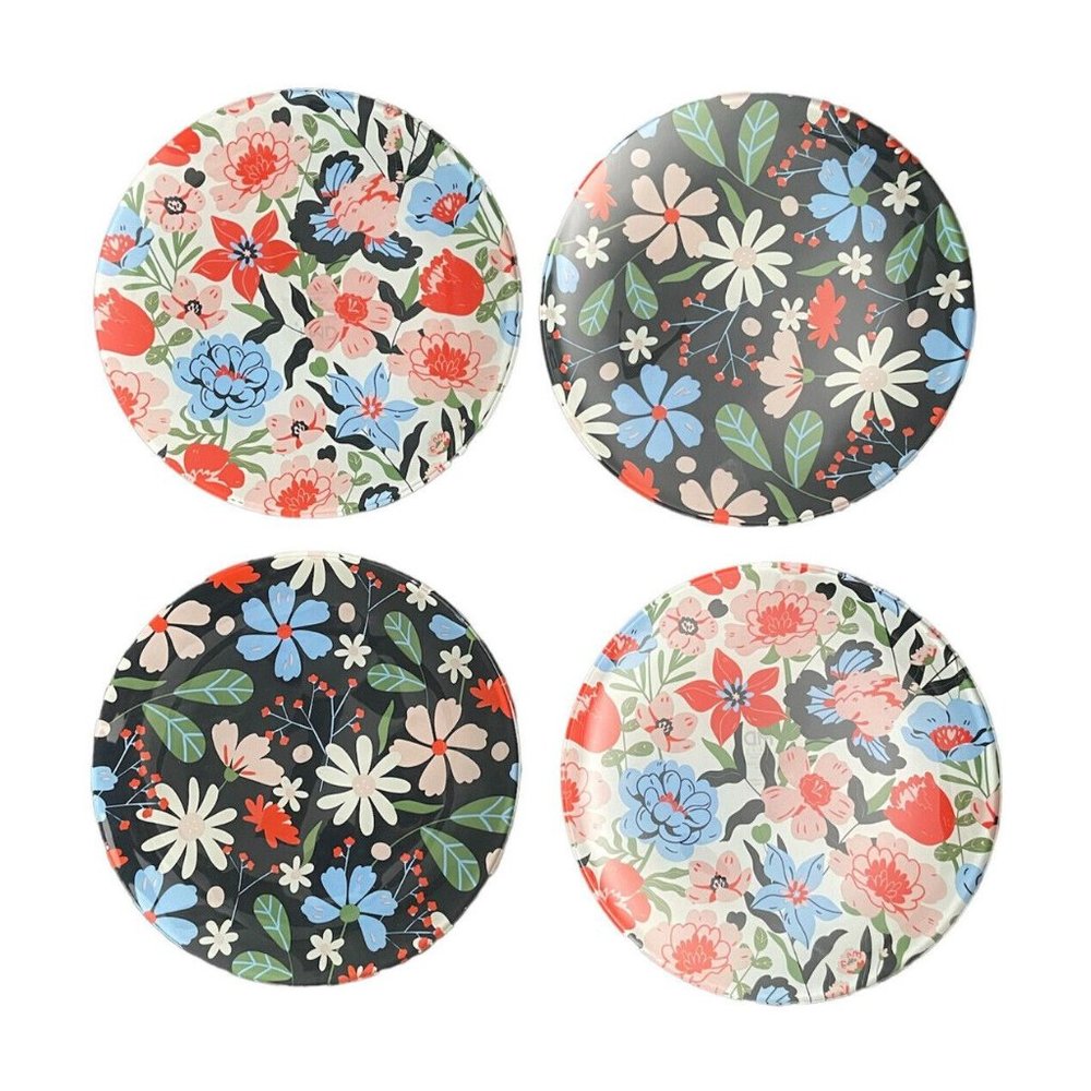 TMD Retail Pink Blue Red Glass Floral 10" Dinner Plates Set of 4